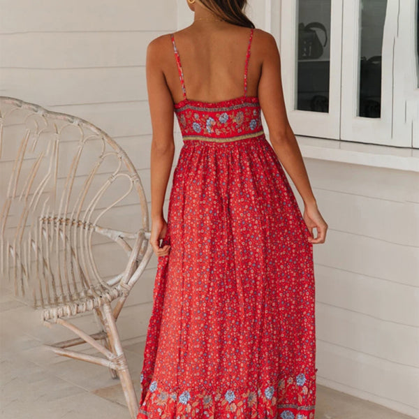 Summer new big swing skirt Bohemian V-neck suspender floral dress - Stormyjay