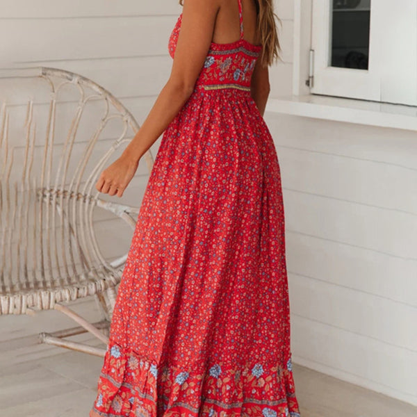 Summer new big swing skirt Bohemian V-neck suspender floral dress - Stormyjay