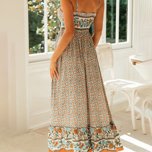 Summer new big swing skirt Bohemian V-neck suspender floral dress - Stormyjay