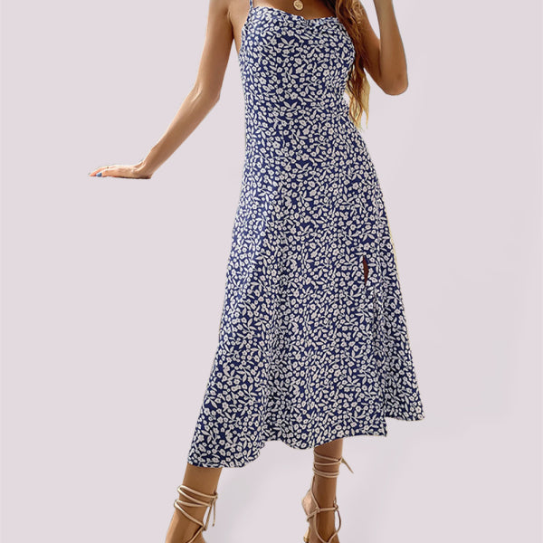 New floral suspender dress slim fit slit print dress - Stormyjay