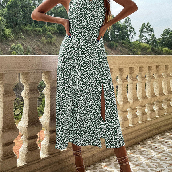 New floral suspender dress slim fit slit print dress - Stormyjay