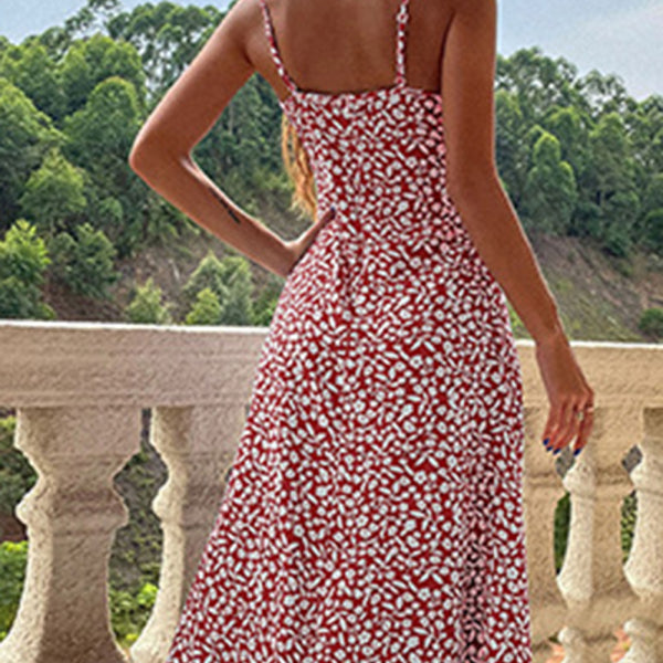 New floral suspender dress slim fit slit print dress - Stormyjay