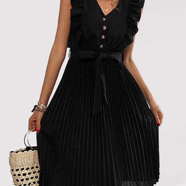 Women's Solid Color Ruffle Summer Pleated Sleeveless Dress - Stormyjay