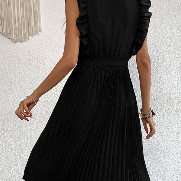 Women's Solid Color Ruffle Summer Pleated Sleeveless Dress - Stormyjay