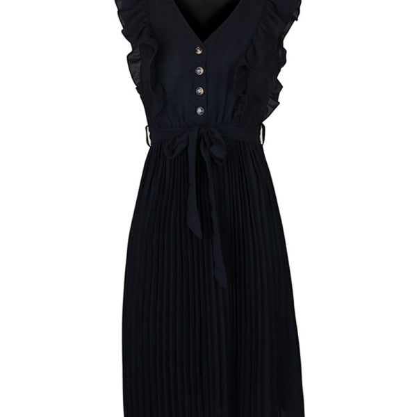 Women's Solid Color Ruffle Summer Pleated Sleeveless Dress - Stormyjay