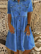 New Ladies Lapel Short Sleeve Button Mid Length Dress - Stormyjay