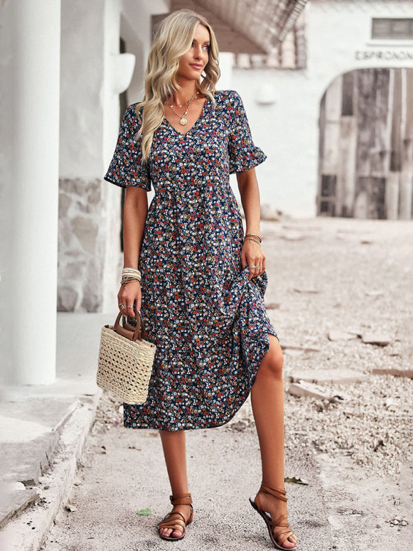 Elegant V-neck short-sleeved holiday dress - Stormyjay