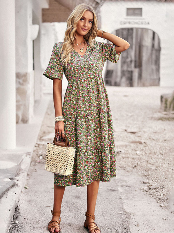 Elegant V-neck short-sleeved holiday dress - Stormyjay