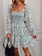 Bohemian print stretch elastic square neck long-sleeved dress - Stormyjay