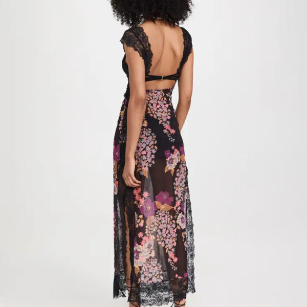 Women's Gentle Lace Straps Spliced Slit Long Dress - Stormyjay
