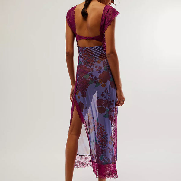 Women's Gentle Lace Straps Spliced Slit Long Dress - Stormyjay
