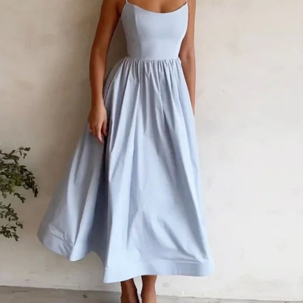Women's sexy U-neck waist pleated suspender dress - Stormyjay