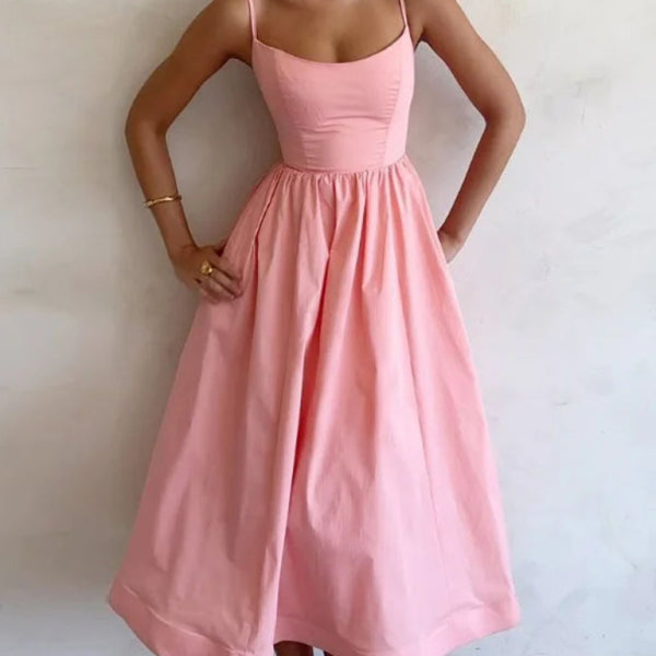 Women's sexy U-neck waist pleated suspender dress - Stormyjay