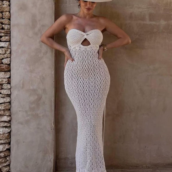 New tube top open mesh hollow knitted elastic hip-covering hot girl dress - Stormyjay