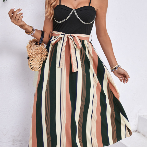 Women's striped patchwork suspender dress - Stormyjay