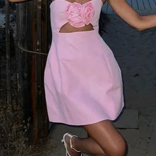 New women's clothing sexy solid color 3D flower decorated tube top mini dress - Stormyjay