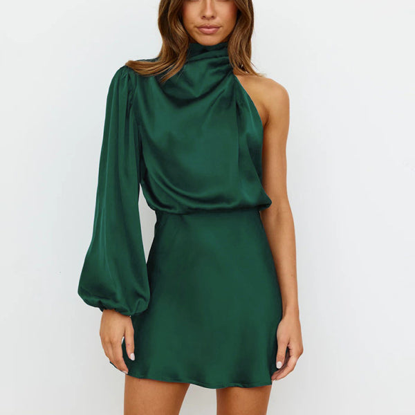 New long-sleeved one-shoulder off-shoulder waist dress - Stormyjay