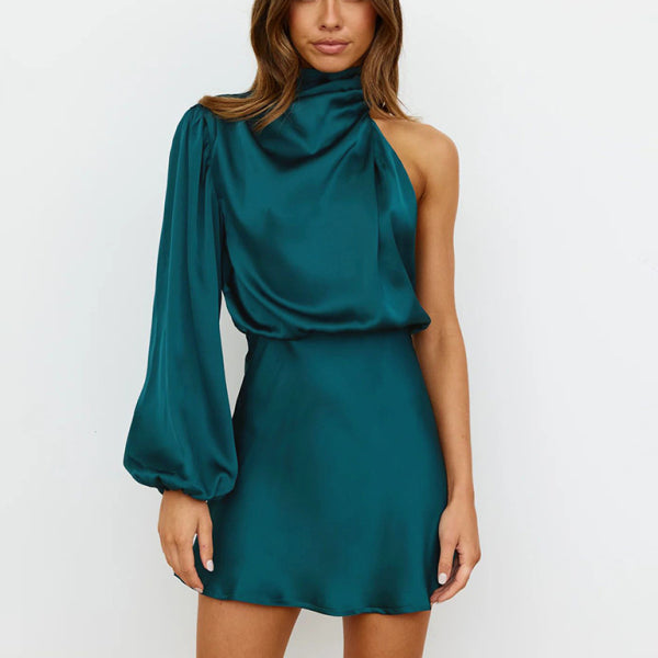 New long-sleeved one-shoulder off-shoulder waist dress - Stormyjay