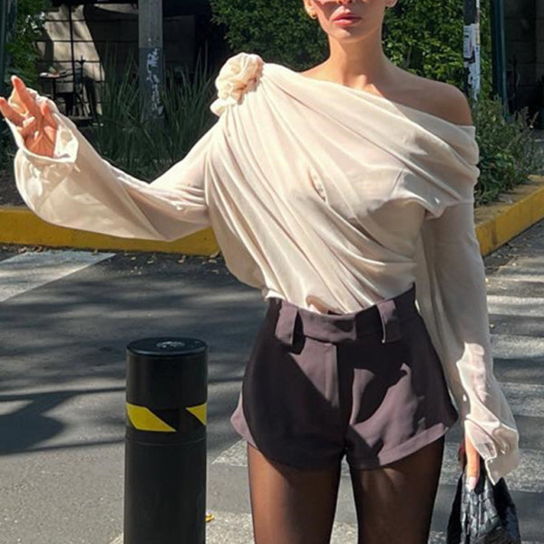 Women's off-shoulder chiffon floral loose top blouse - Stormyjay