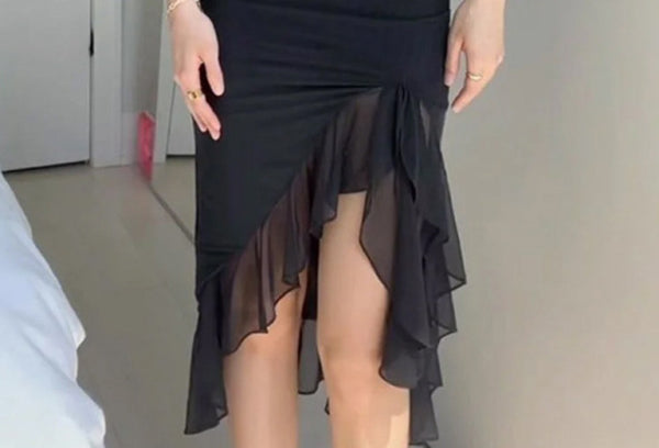 Fashionable mesh dress with irregular ear-cut waist and elegant pleat design - Stormyjay