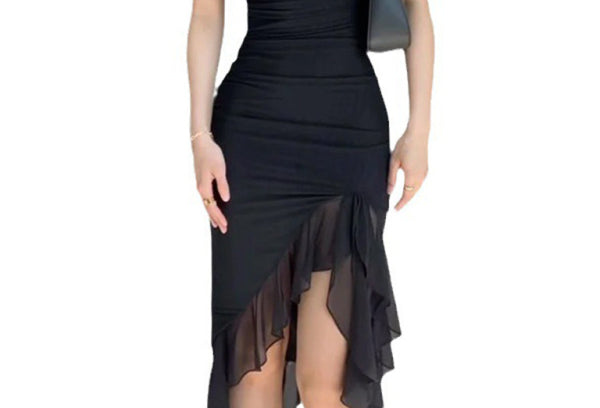 Fashionable mesh dress with irregular ear-cut waist and elegant pleat design - Stormyjay