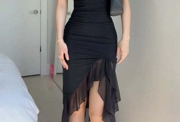 Fashionable mesh dress with irregular ear-cut waist and elegant pleat design - Stormyjay