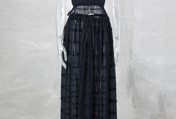 Backless lace-up halter top set and two-piece chiffon pleated long skirt with earrings - Stormyjay