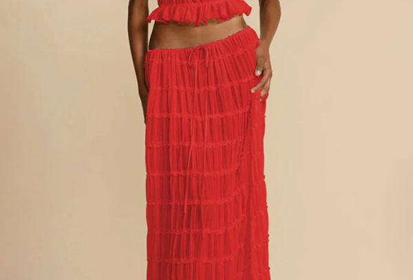 Backless lace-up halter top set and two-piece chiffon pleated long skirt with earrings - Stormyjay