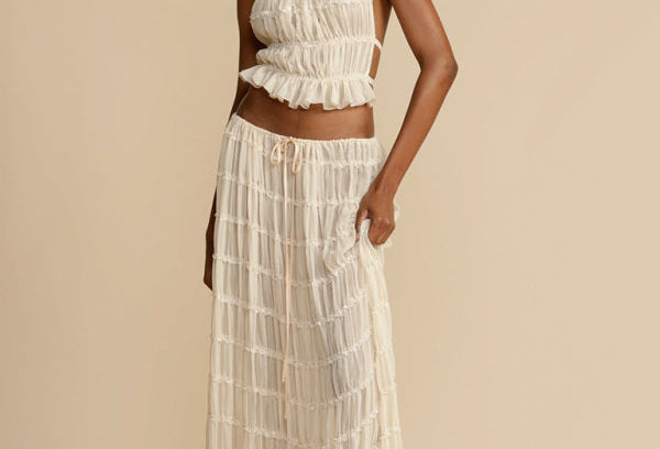 Backless lace-up halter top set and two-piece chiffon pleated long skirt with earrings - Stormyjay