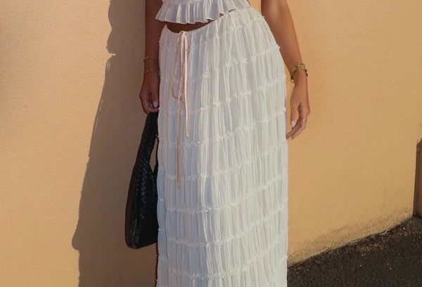 Backless lace-up halter top set and two-piece chiffon pleated long skirt with earrings - Stormyjay