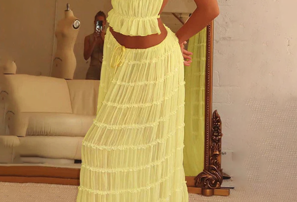 Backless lace-up halter top set and two-piece chiffon pleated long skirt with earrings - Stormyjay