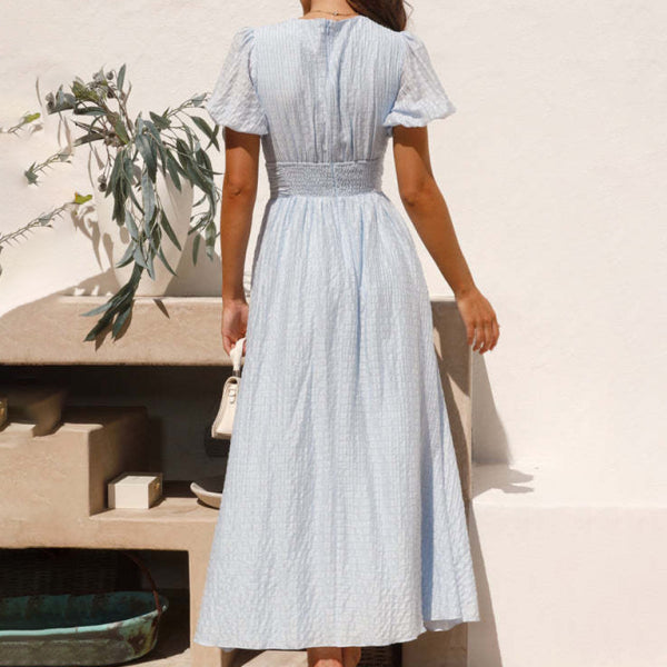 Women's New Solid Color V-Neck Long Puff Sleeve Oversized Waist Dress - Stormyjay