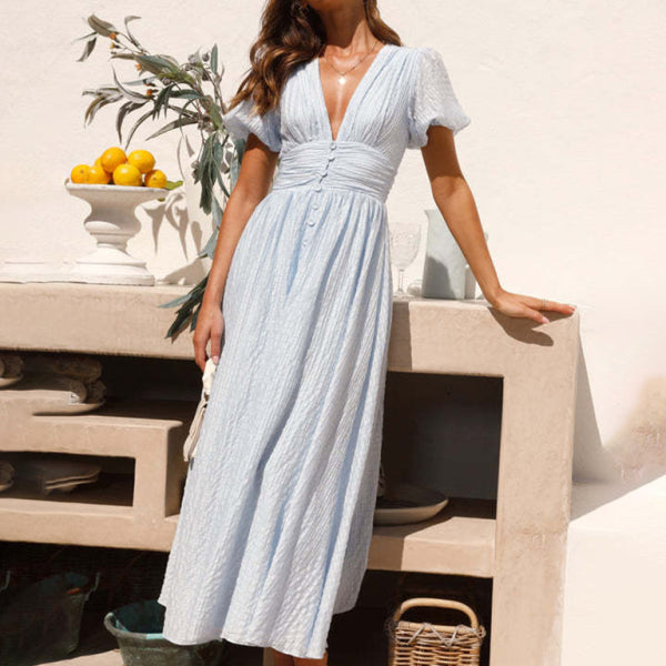 Women's New Solid Color V-Neck Long Puff Sleeve Oversized Waist Dress - Stormyjay