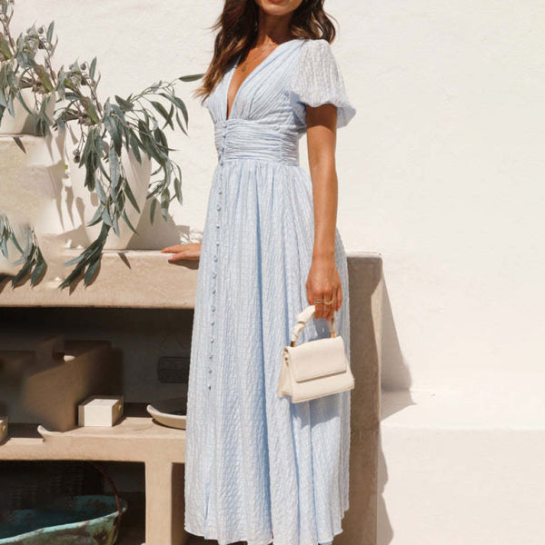 Women's New Solid Color V-Neck Long Puff Sleeve Oversized Waist Dress - Stormyjay