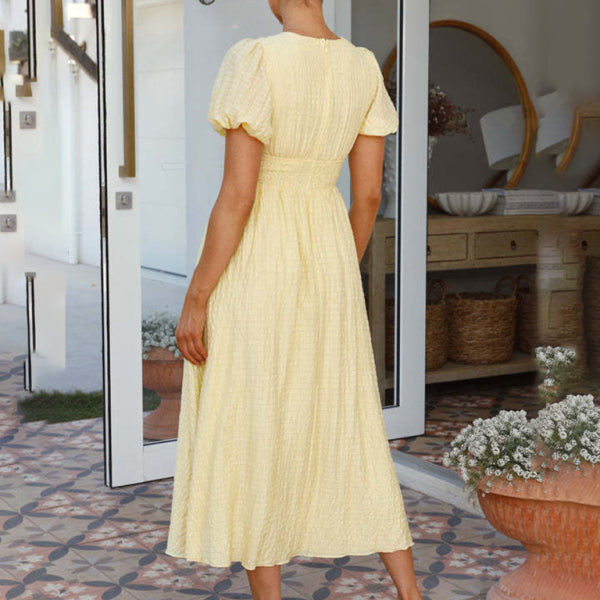 Women's New Solid Color V-Neck Long Puff Sleeve Oversized Waist Dress - Stormyjay