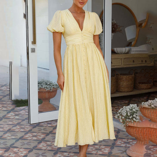 Women's New Solid Color V-Neck Long Puff Sleeve Oversized Waist Dress - Stormyjay