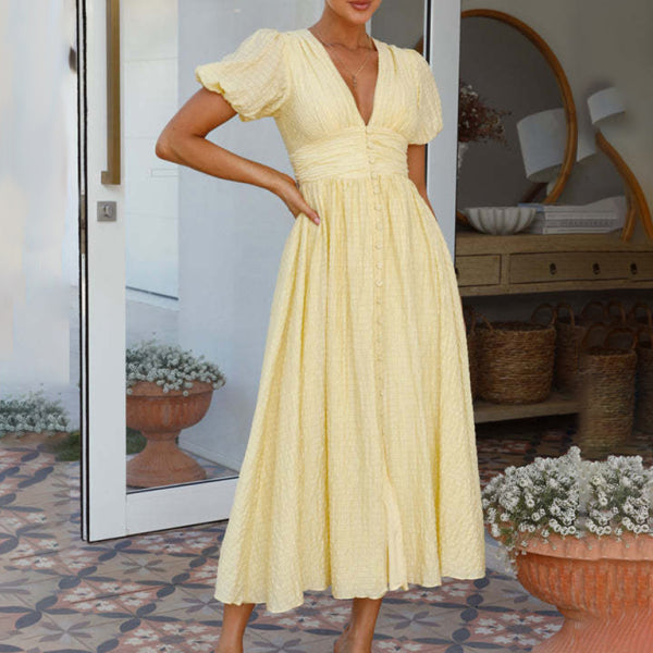 Women's New Solid Color V-Neck Long Puff Sleeve Oversized Waist Dress - Stormyjay
