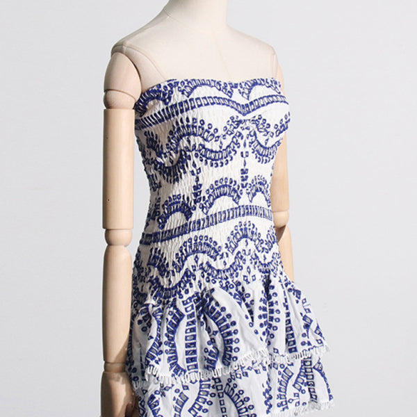 New sexy hot girl embroidered tube top dress with hollow ruffles and stitching design A-line skirt - Stormyjay