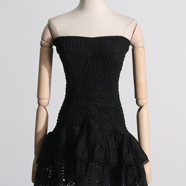 New sexy hot girl embroidered tube top dress with hollow ruffles and stitching design A-line skirt - Stormyjay