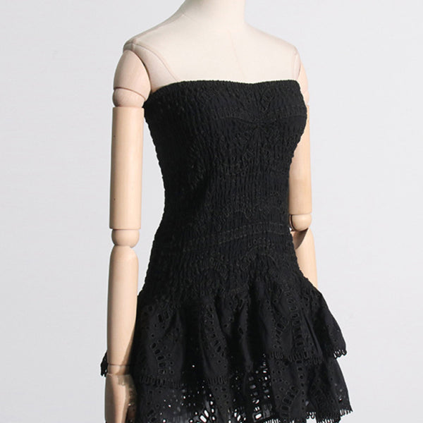 New sexy hot girl embroidered tube top dress with hollow ruffles and stitching design A-line skirt - Stormyjay