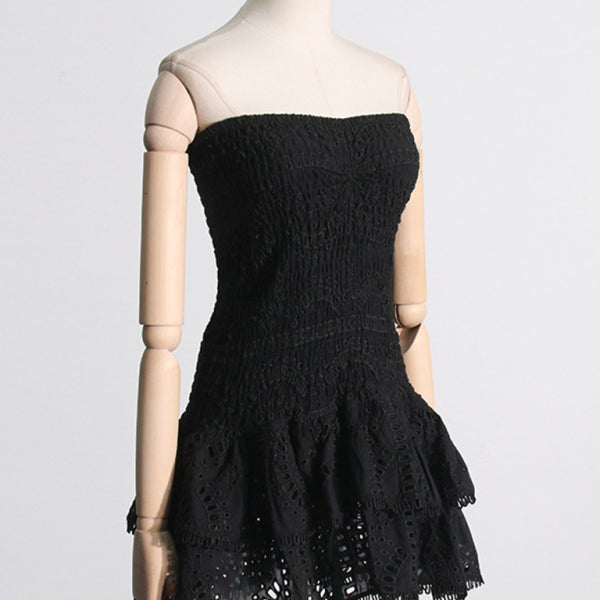 New sexy hot girl embroidered tube top dress with hollow ruffles and stitching design A-line skirt - Stormyjay