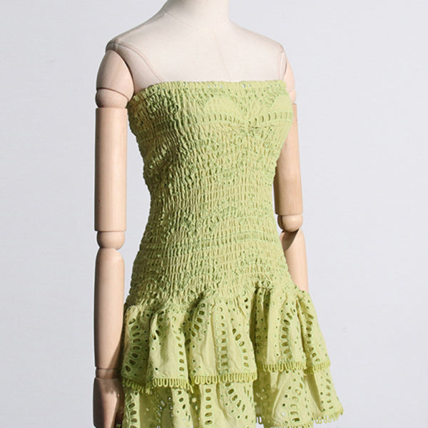 New sexy hot girl embroidered tube top dress with hollow ruffles and stitching design A-line skirt - Stormyjay