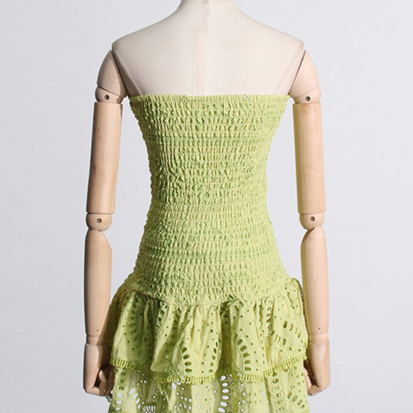 New sexy hot girl embroidered tube top dress with hollow ruffles and stitching design A-line skirt - Stormyjay