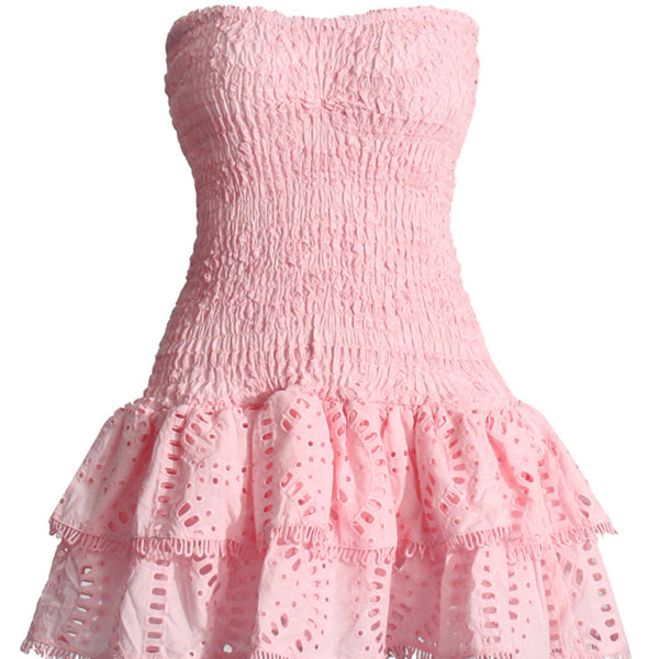 New sexy hot girl embroidered tube top dress with hollow ruffles and stitching design A-line skirt - Stormyjay