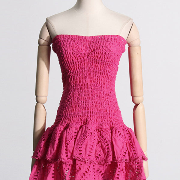 New sexy hot girl embroidered tube top dress with hollow ruffles and stitching design A-line skirt - Stormyjay