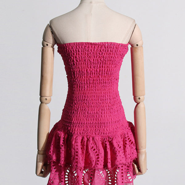 New sexy hot girl embroidered tube top dress with hollow ruffles and stitching design A-line skirt - Stormyjay