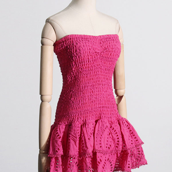 New sexy hot girl embroidered tube top dress with hollow ruffles and stitching design A-line skirt - Stormyjay