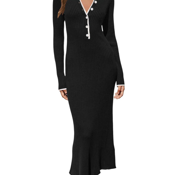 New fashionable lapel knitted slim fit hip-hugging long-sleeved dress - Stormyjay