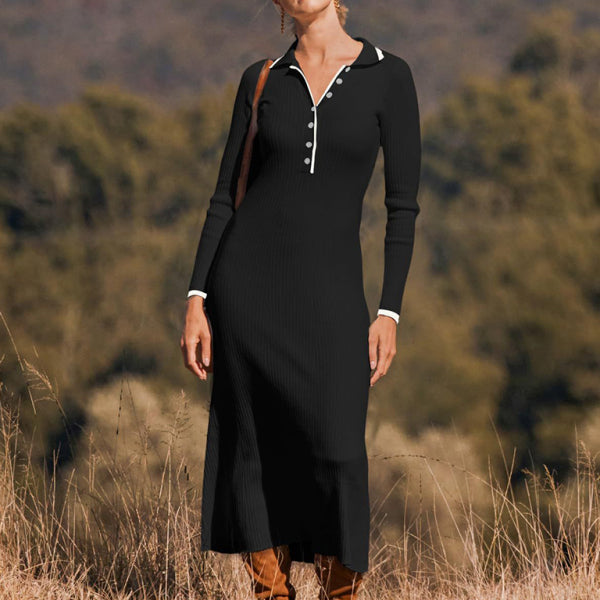 New fashionable lapel knitted slim fit hip-hugging long-sleeved dress - Stormyjay