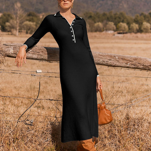 New fashionable lapel knitted slim fit hip-hugging long-sleeved dress - Stormyjay